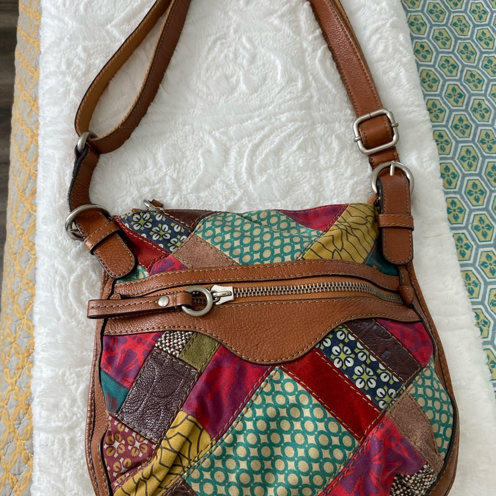 Brown and Red Bohemian Shoulder Bag with Leather Accents